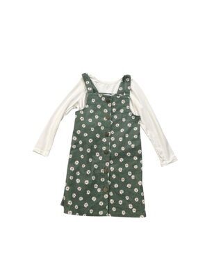 Btween Forest Green Daisy Corduroy Pinafore Dress with White Top